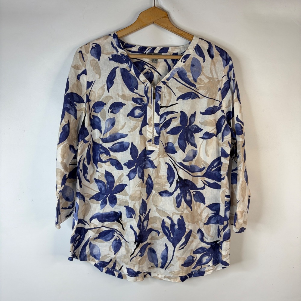 JM Collection Blouse Women Large Blue Floral 100% Linen Quarter Zip 3/4 Sleeve